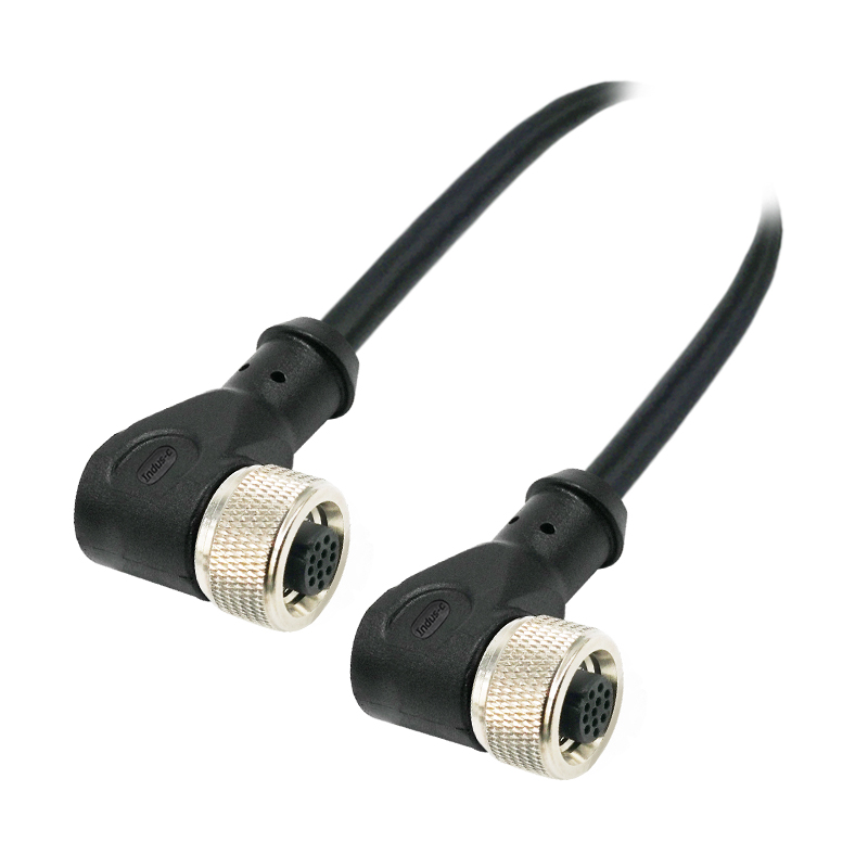 Push-pull m12 12pins A code female to female right angle molded cable,unshielded,PVC,-40°C~+105°C,22AWG 0.34mm²,brass with nickel plated screw